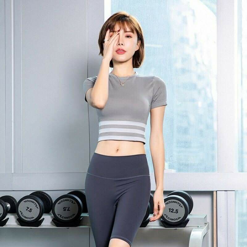 Áo dệt croptop tập gym yoga phối sọc ngang