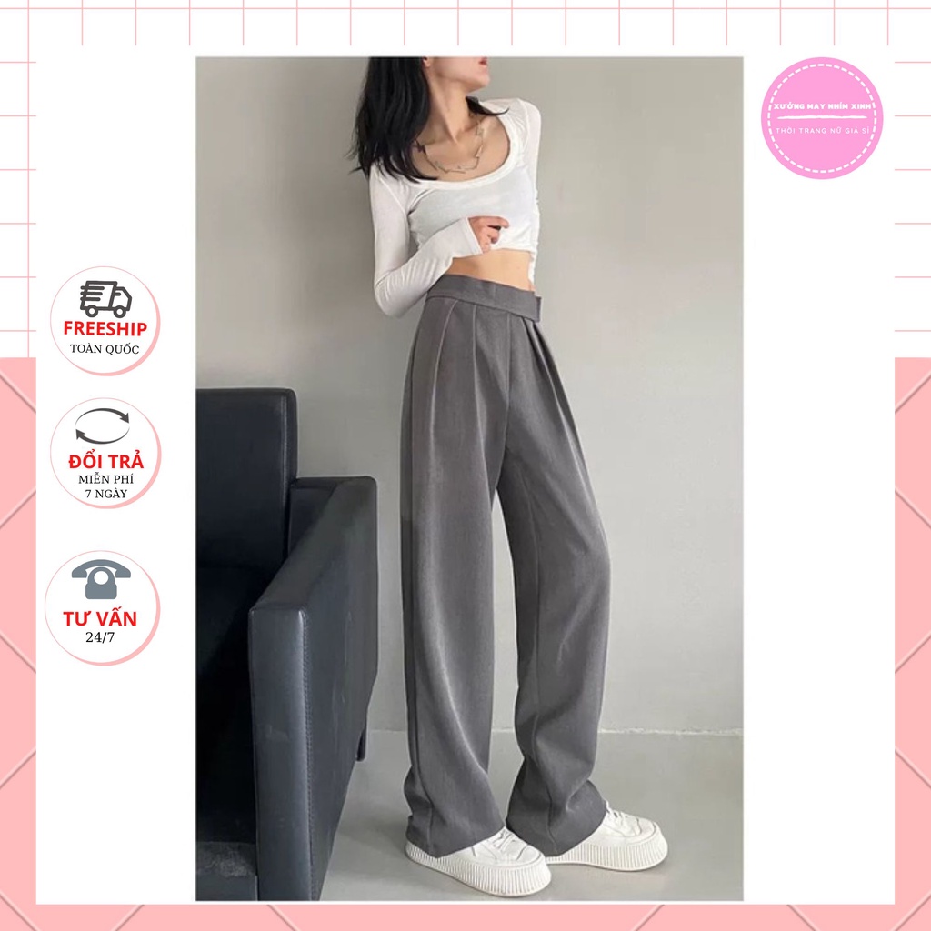 Quần tây ống rộng nữ ulzzang lưng cao dáng đứng suông dài cạp Dán màu đen mềm Quần vải ống rộng xuông nữ đi học công sở