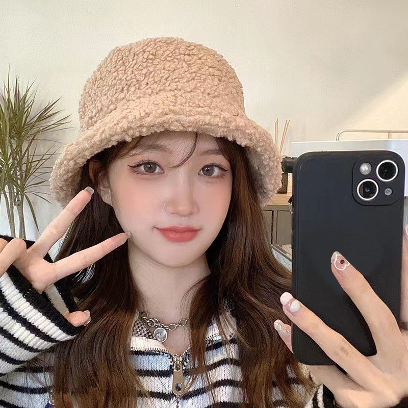 Korean Fashion Wool Furry Hat Bucket Cap Fisherman Round Hats Casual Women Solid Beautiful Winter Warm