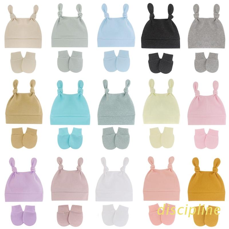 Bộ Mũ Beanie Tai Thỏ + Găng Tay Giữ Ấm Chống Trầy Xước Màu Trơn Dễ Thương Cho Bé Sơ Sinh 0-1 Tuổi