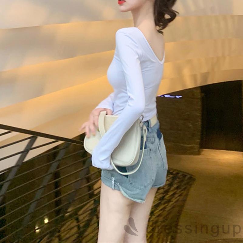 Áo Thun Tay Dài Cổ Xẻ Tà Màu Trơn / Trắng / Kaki Cho Nữ (Màu Đen)