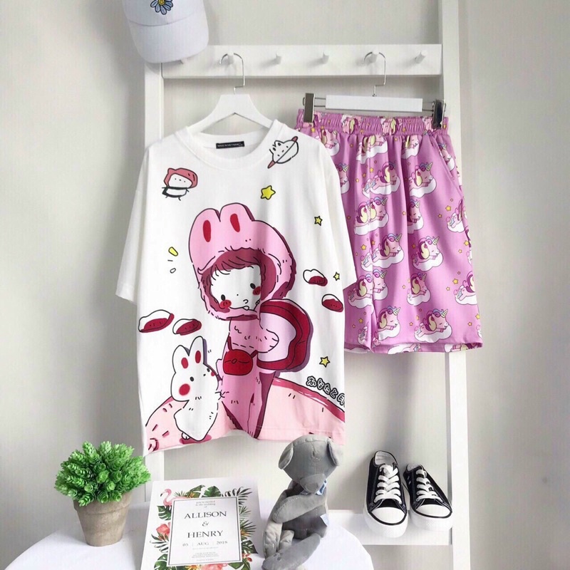 Đồ Bộ Hoạt Hình Set Cartoon Đùi THỎ TRẮNG ĐEN mặc nhà from rộng Unisex Freesize 38-70kg Nam nữ