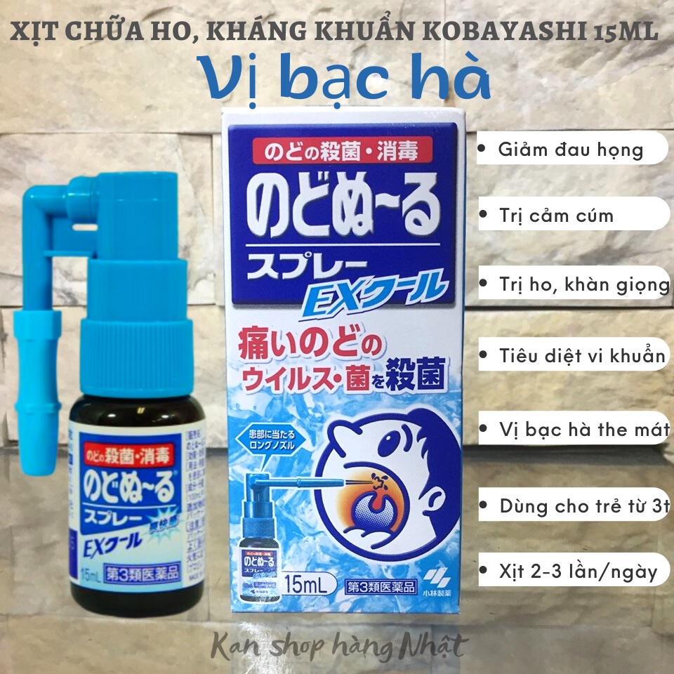 Xịt ho kháng khuẩn khử trùng hầu họng Kobayashi 15ml vị bạc hà nội địa Nhật Bản - 4987072004708 - Kan shop hàng Nhật