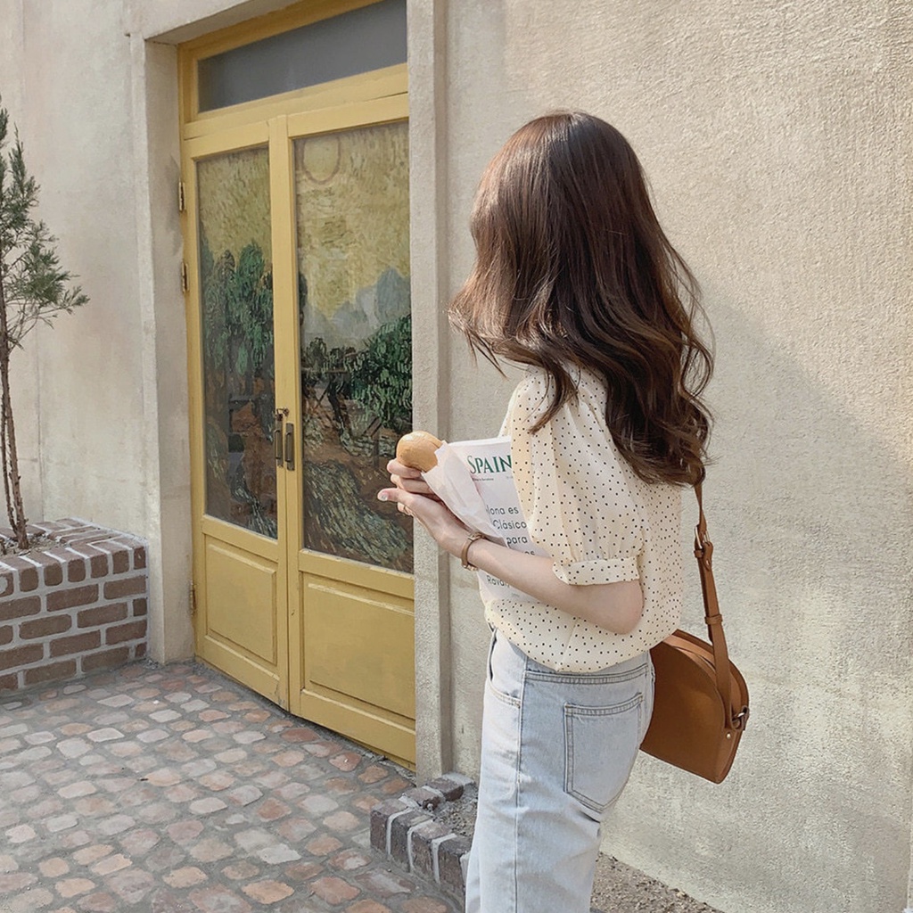 Áo Chiffon Nữ Tay Ngắn Họa Tiết Chấm Bi 2 Màu Mới