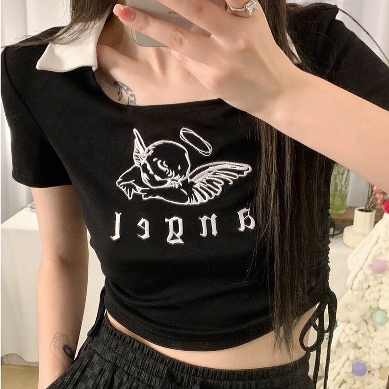 Áo Thun POLO Dệt Kim Tay Ngắn Thêu Họa Tiết Dễ Thương