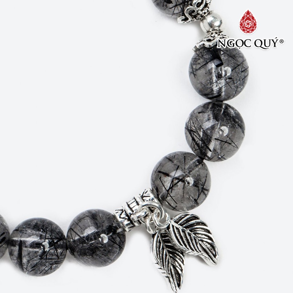 Vòng tay TA tóc đen charm lá bạc hạt 10mm - Ngọc Quý