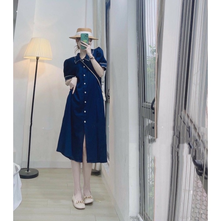 Váy bầu cổ viền dáng suông đi làm đi chơi đều đẹp