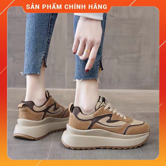 Giày Thể Thao Nữ Sneaker Độn Đế Phối Viền Nâu Cá Tính TMT
