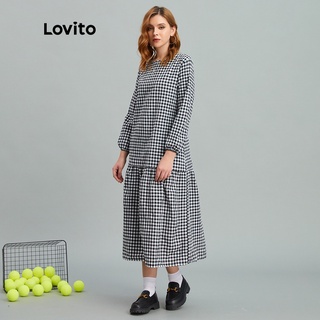 1215XJ-Đầm Lovito kiểu nhún họa tiết caro ô vuông phong cách thường ngày L10140 (Màu đen)