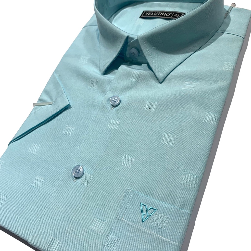 Áo sơ mi nam Velutino ngắn tay cổ bẻ có túi xanh họa tiết chấm vuông công sở cao cấp