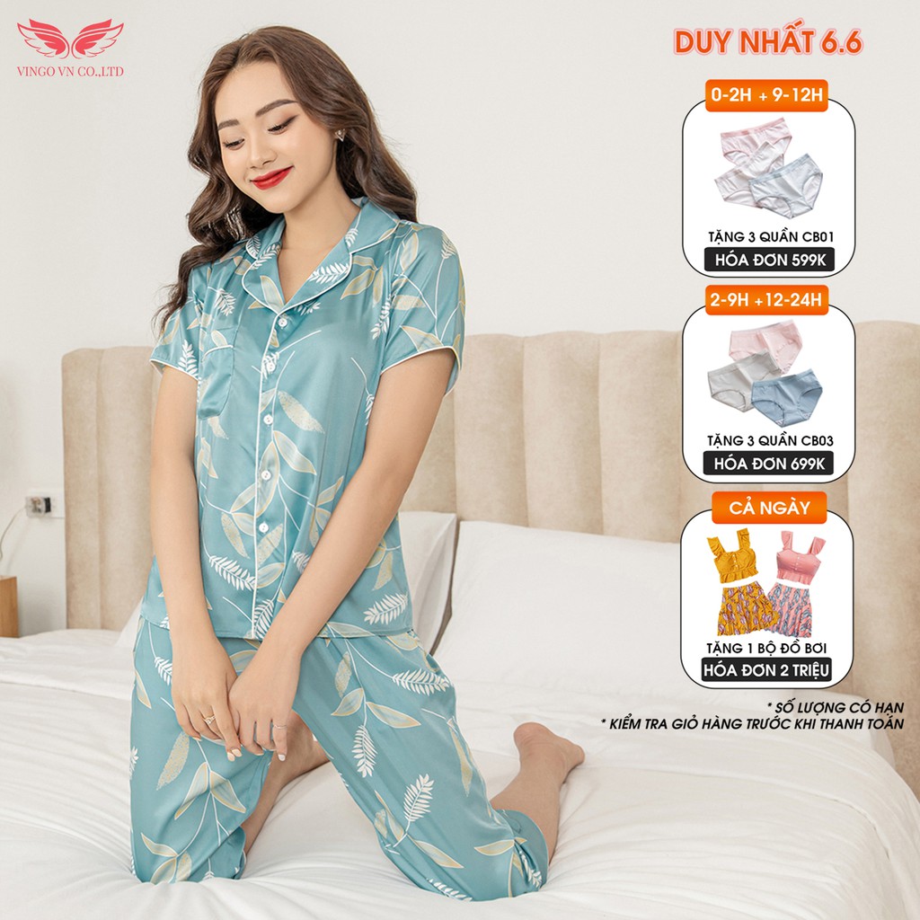 VINGO Bộ Đồ Ngủ Mặc Nhà Nữ Kiểu Pijama Chất Lụa Pháp Cao Cấp Tay Cộc Quần Lửng Họa Tiết Lá Cây H338 VNGO
