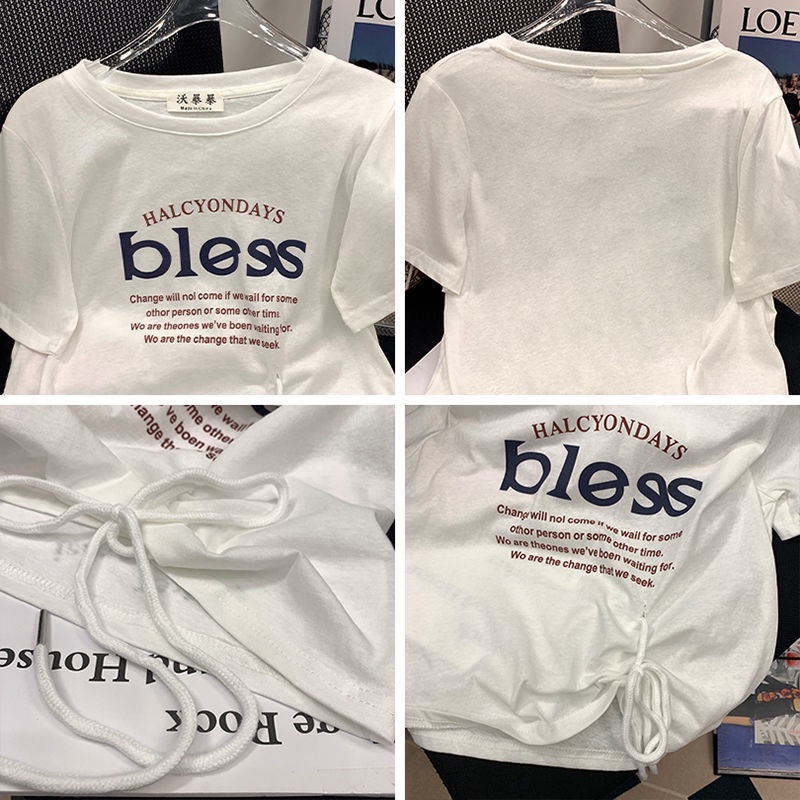 Áo Thun Tay Ngắn Dáng Rộng Phối Dây Rút In Chữ Thời Trang Mùa Hè Cho Nữ