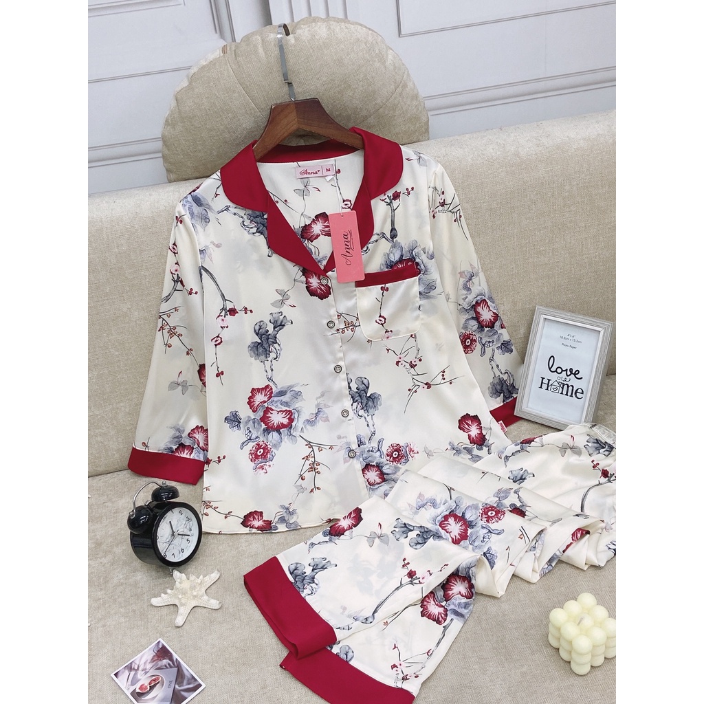 Bộ đồ mặc nhà Cao cấp ANNA, set lụa Pijama dáng dài chất lụa Satin cao cấp họa tiết hoa sang chảnh nữ tính