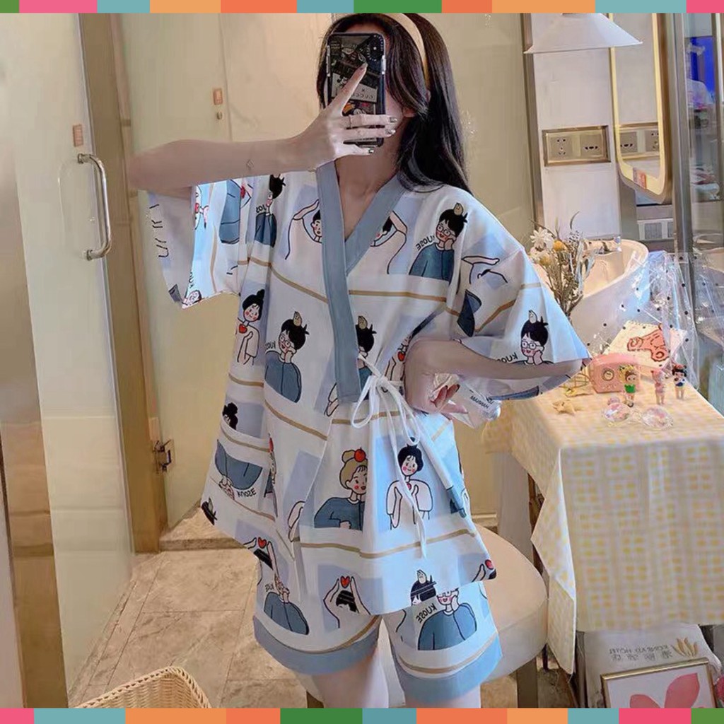 Set Bộ Pijama Nữ Dây Eo Áo Ngắn Tay Kèm Quần Short Icon So Hot | BigBuy360 - bigbuy360.vn