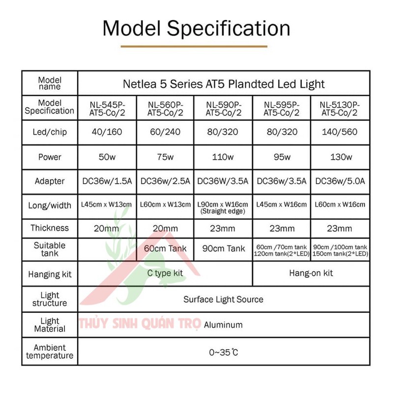 Đèn Netlea AT5 D pro 130W- Đèn thông dụng cho hồ cá thuỷ sinh