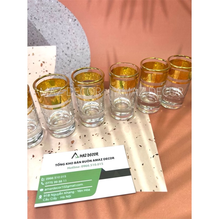 Bộ 6 ly chén uống rượu thủy tinh đế tròn dày khảm họa tiết vàng cao cấp