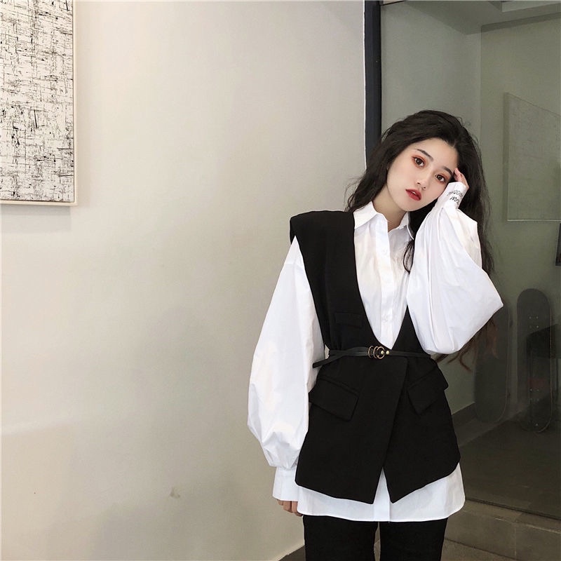 Set áo sơ mi tay phồng và áo vest gile kèm thắt lưng