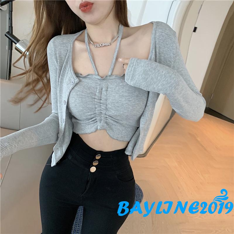Áo Croptop Dệt Kim Không Tay Phối Dây Rút Trước Ngực Màu Sắc Trơn Gợi Cảm Cho Nữ
