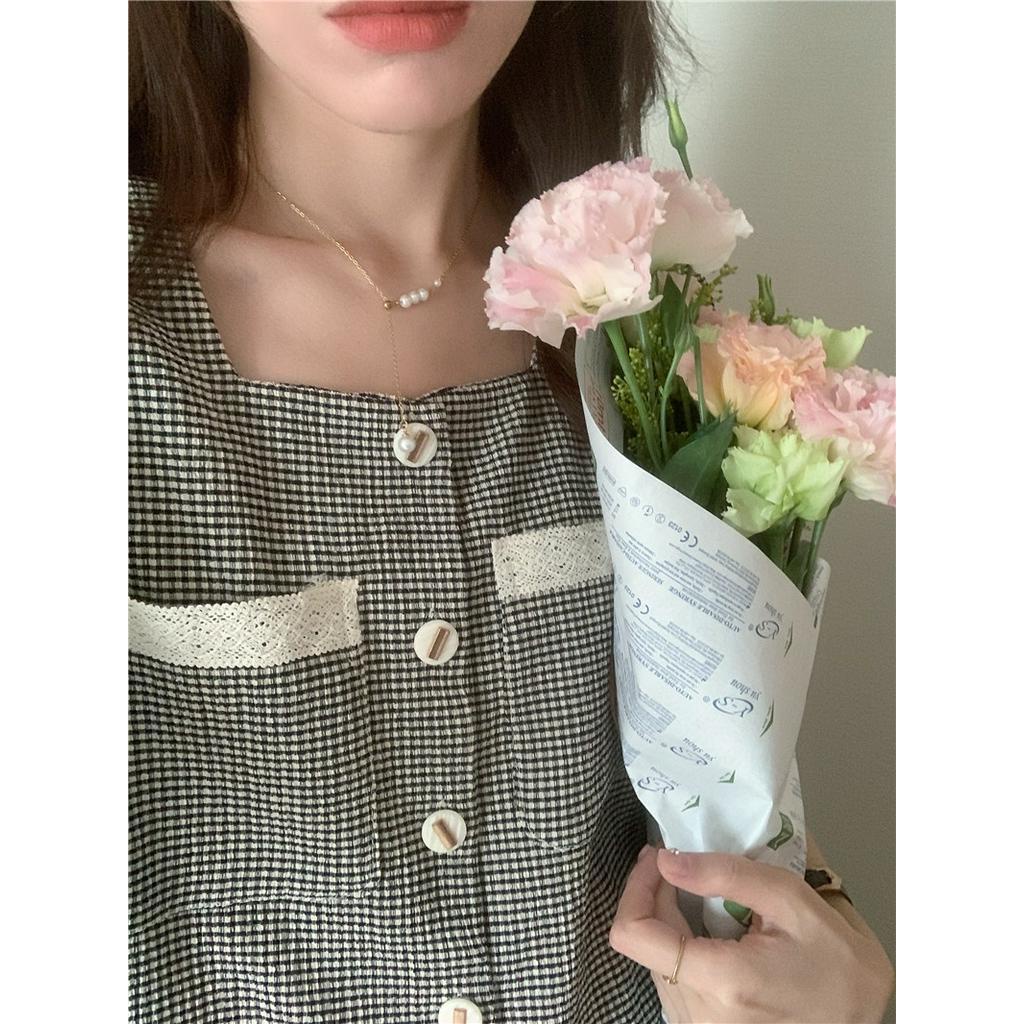 Áo Sơ Mi Kẻ Ô Mềm Mại Ngắn Tay Phối Ren Thanh Lịch 53698