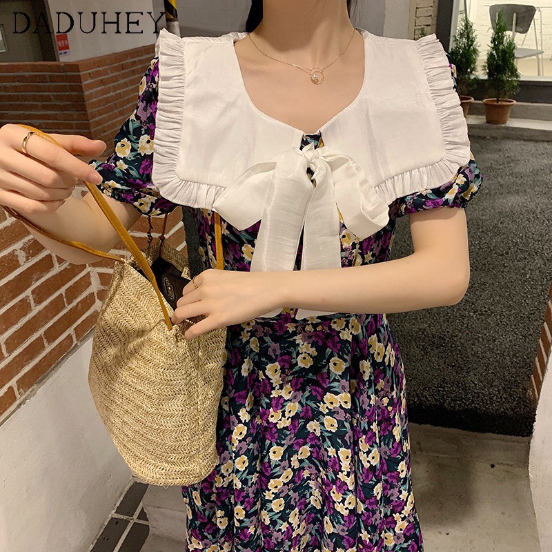 Đầm Tay Ngắn Cổ Thủy Thủ Thắt Eo Mẫu Mới 2021 Thời Trang Phương Tây Cho Nữ
