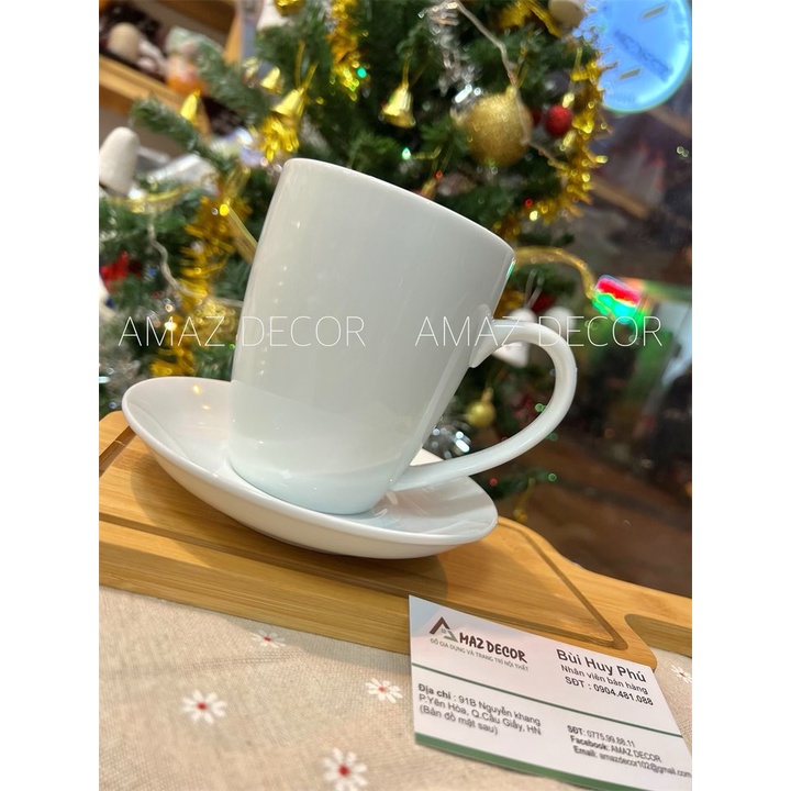 Cốc tách ly sứ uống nước trà cafe sứ Bát  Tràng trắng  dáng thóp 400ml có quai C6017