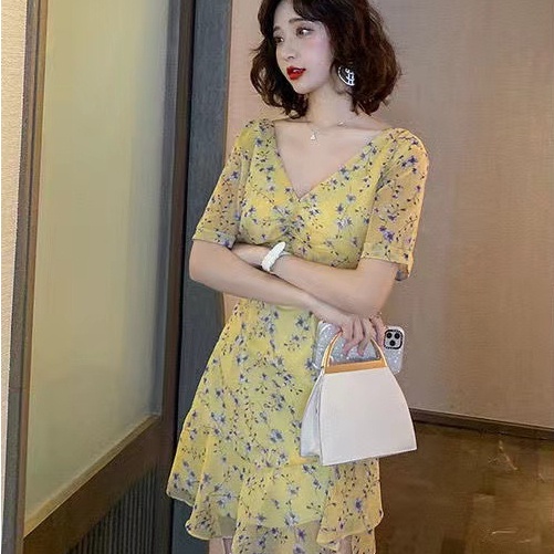 Đầm Perty họa tiết hoa cổ chữ V thời trang phong cách Hàn Quốc gợi cảm cho nữ