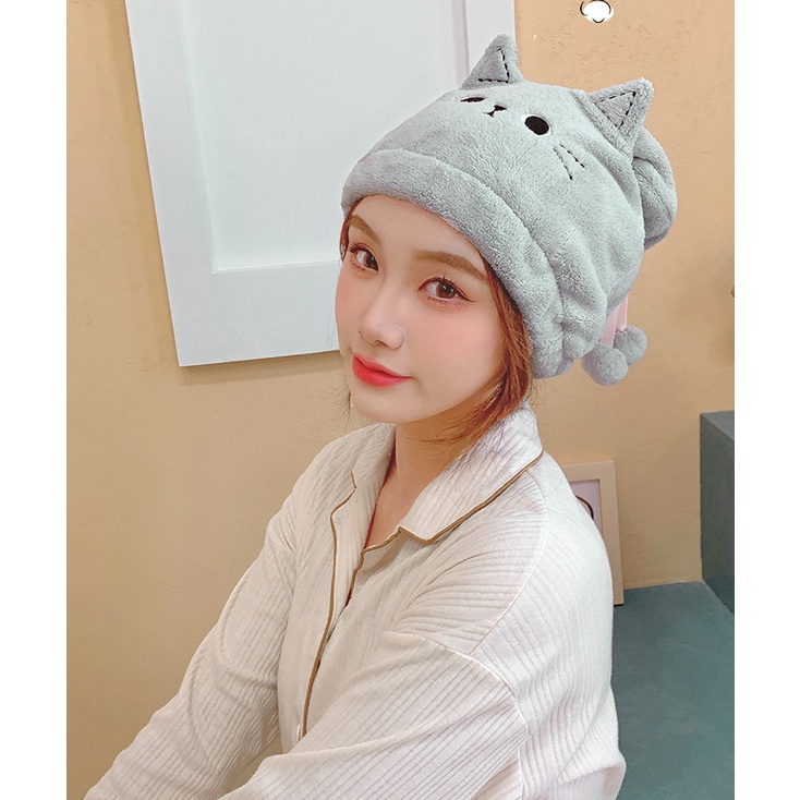 PVN50663 Khăn quấn tóc, mũ trùm đầu thấm nước làm khô tóc hình con mèo Giá Rẻ