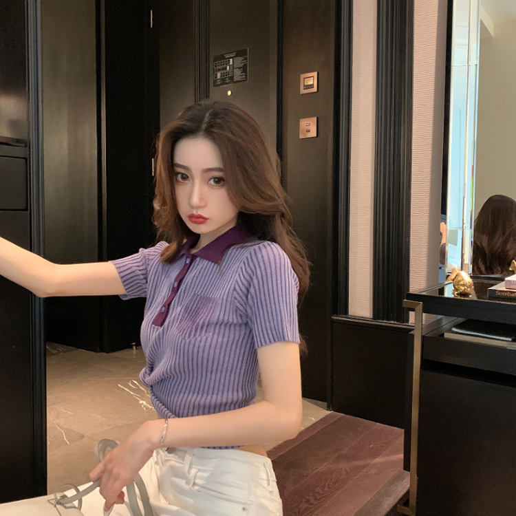 Áo Thun Tay Ngắn Cổ Polo Họa Tiết Kẻ Sọc Xinh Xắn Cho Nữ | BigBuy360 - bigbuy360.vn