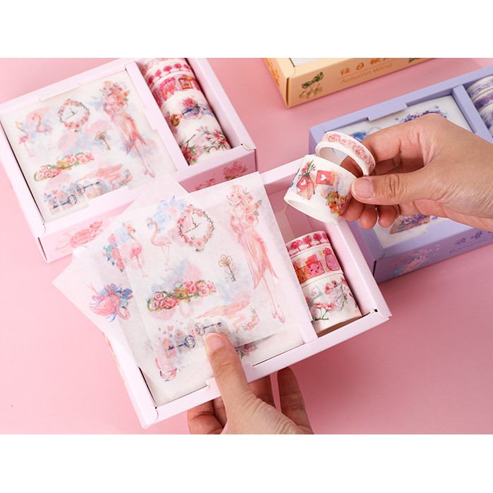 Hộp 5 cuộn washi và 9 tờ sticker dán trang trí