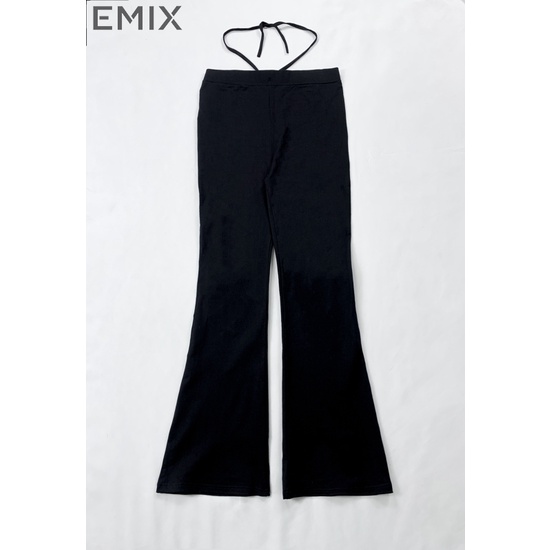 Quần ống loe dây đan cá tính tôn vòng 2 EMIX (màu đen), basic, dáng dài 95cm, cạp cao, vải thun cotton co giãn  Q820