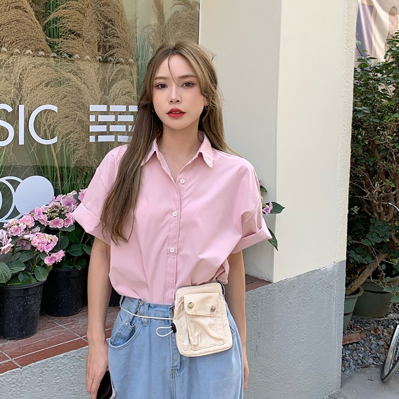 Ethelgirl Áo Sơ Mi Nữ Tay Ngắn Dáng Rộng Phong Cách Pháp Cổ Điển 5 Màu Sắc