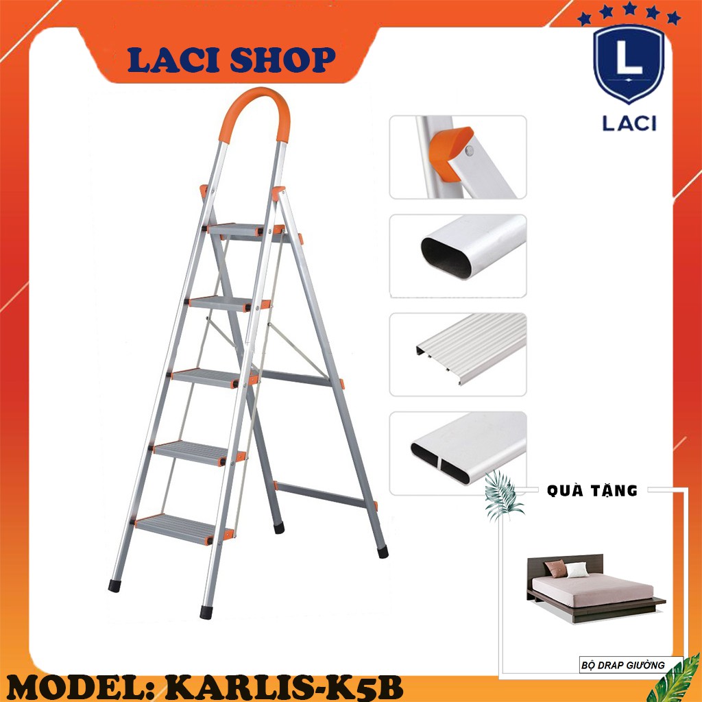 Thang Ghế Nhôm Xếp Gọn 5 Bậc Karlis K5B | Chiều Cao Tối Đa 1m6 | Chịu Tải 150Kg | Tặng Bộ Drap Giường