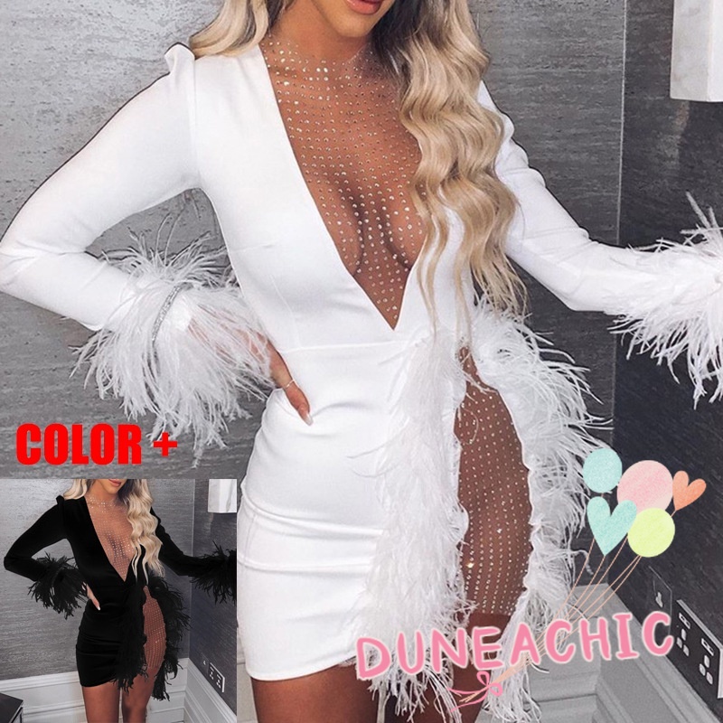DUNEA Đầm phối lông vũ xinh xắn thời trang gợi cảm cho nữ