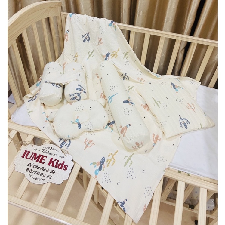 Set chăn gối sơ sinh hoạ tiết xương rồng, vải xô Muslin cao cấp thương hiệu IUME Kids