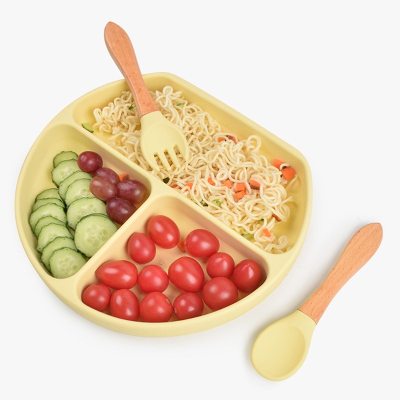 Set 5 Món Bát / Muỗng / Nĩa Tập Ăn Chia Ngăn Bằng Silicone Dành Cho Bé