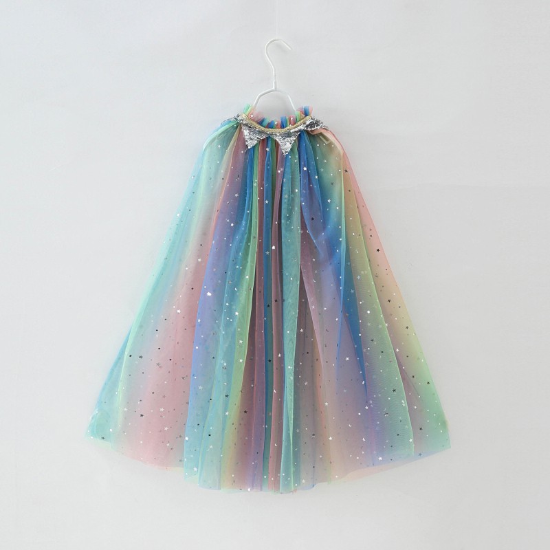 Girls Rainbow Sequins Cape Cloak Costume Drawstring Tulle  Sleeping Beauty Halloween Fancy Dress Up Mantle/Set Đồ Hóa Trang Phù Thủy Halloween Cho Bé Gái