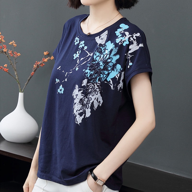 Áo thun tay ngắn cổ tròn chất liệu cotton thời trang mùa hè cho phụ nữ trung niên