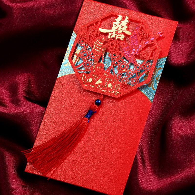Combo 2 chiếc Phong bao lì xì cao cấp màu đỏ có tua rua cho năm mới, hiếu hỷ, mừng thọ