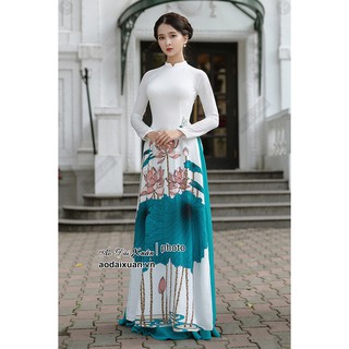 Áo dài trắng hoa sen xanh 4 tà (2 lớp) tà A - 190402 - áo dài truyền thống Việt Nam