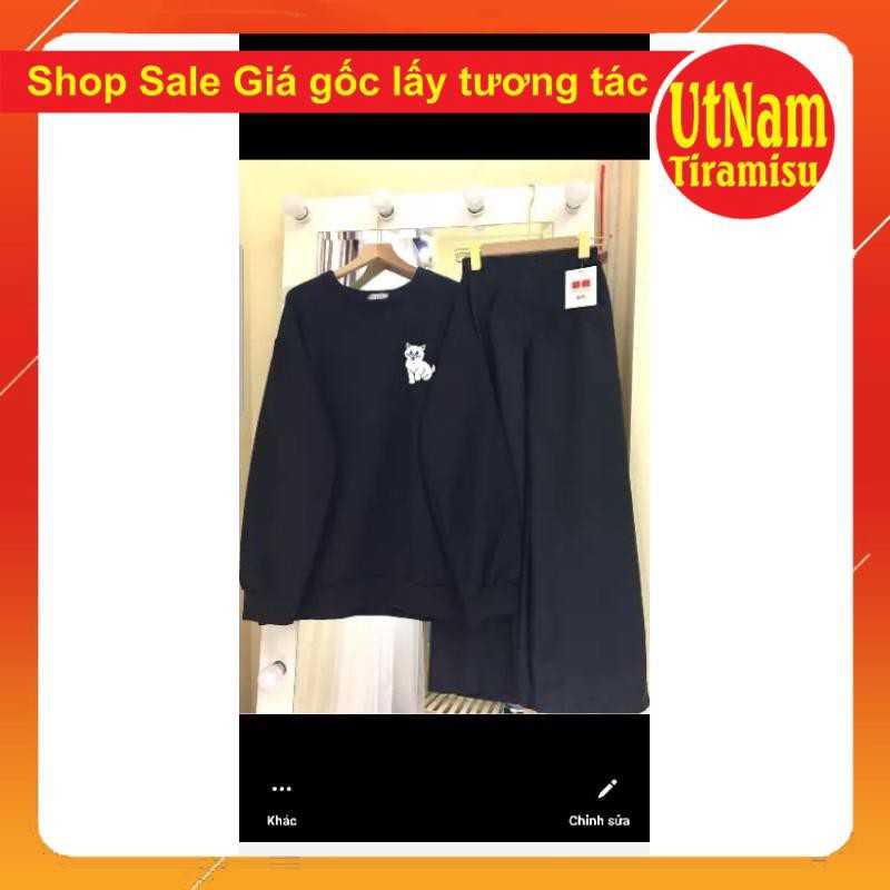Bộ Set nữ Quần ống rộng vải sạn + Áo Sweater  mèo con Unisex Nỉ lót bông chuẩn ảnh - Bộ Nỉ Đôi - Set Nỉ Đẹp HotTrend | BigBuy360 - bigbuy360.vn