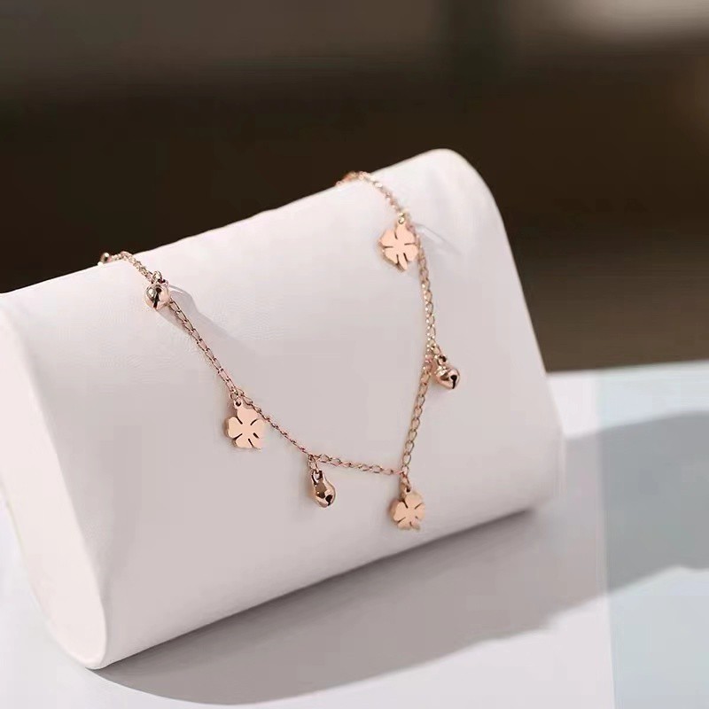 Lắc chân bằng thép titan mạ vàng hồng 18K/vàng/bạch kim mặt hình cỏ bốn lá dễ thương chống nước chống gỉ cho nữ