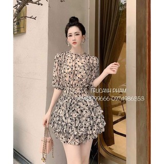 Đầm xoè tầng tay lỡ hoạ tiết hoa sương siêu hot