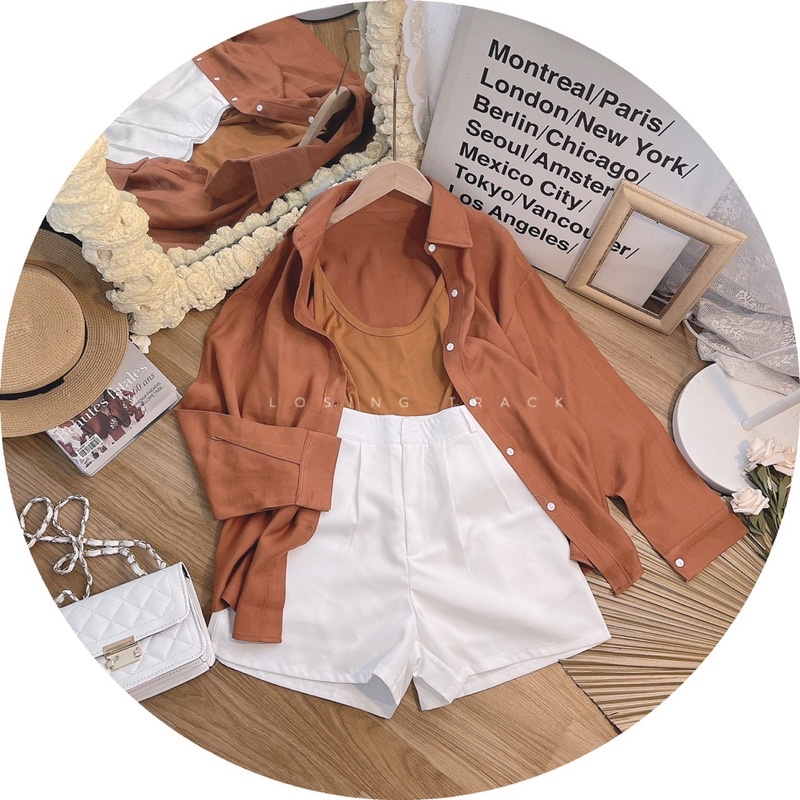 SET 3 MÓN : ÁO LÓT 2 DÂY NÂU + ÁO SƠ MI NÂU + QUẦN SHORT TRẮNG