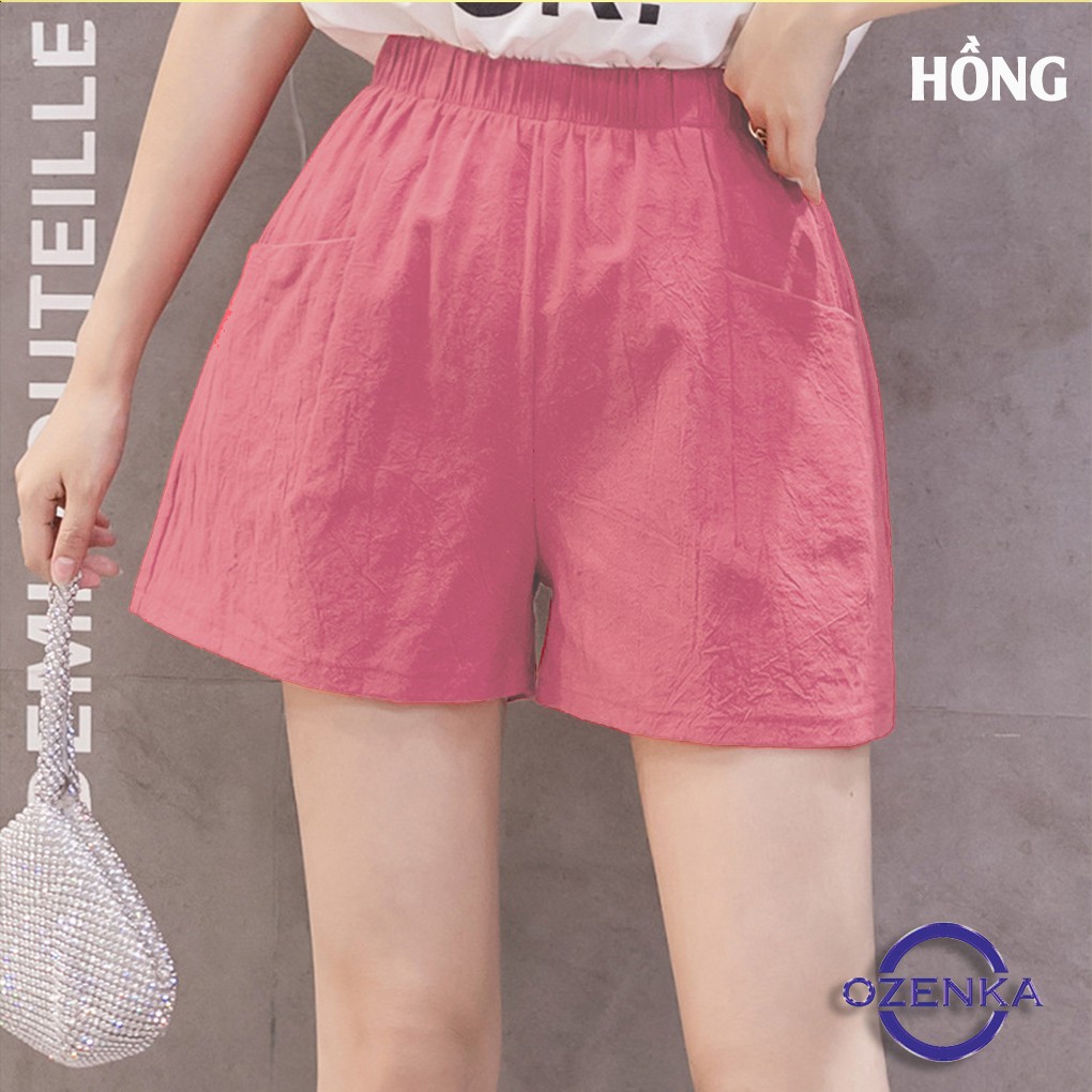 Quần short đũi  nữ ống rộng cạp chun túi thật , quần đùi đũi big size chất đẹp giá rẻ màu đen ghi da OZENKA | BigBuy360 - bigbuy360.vn