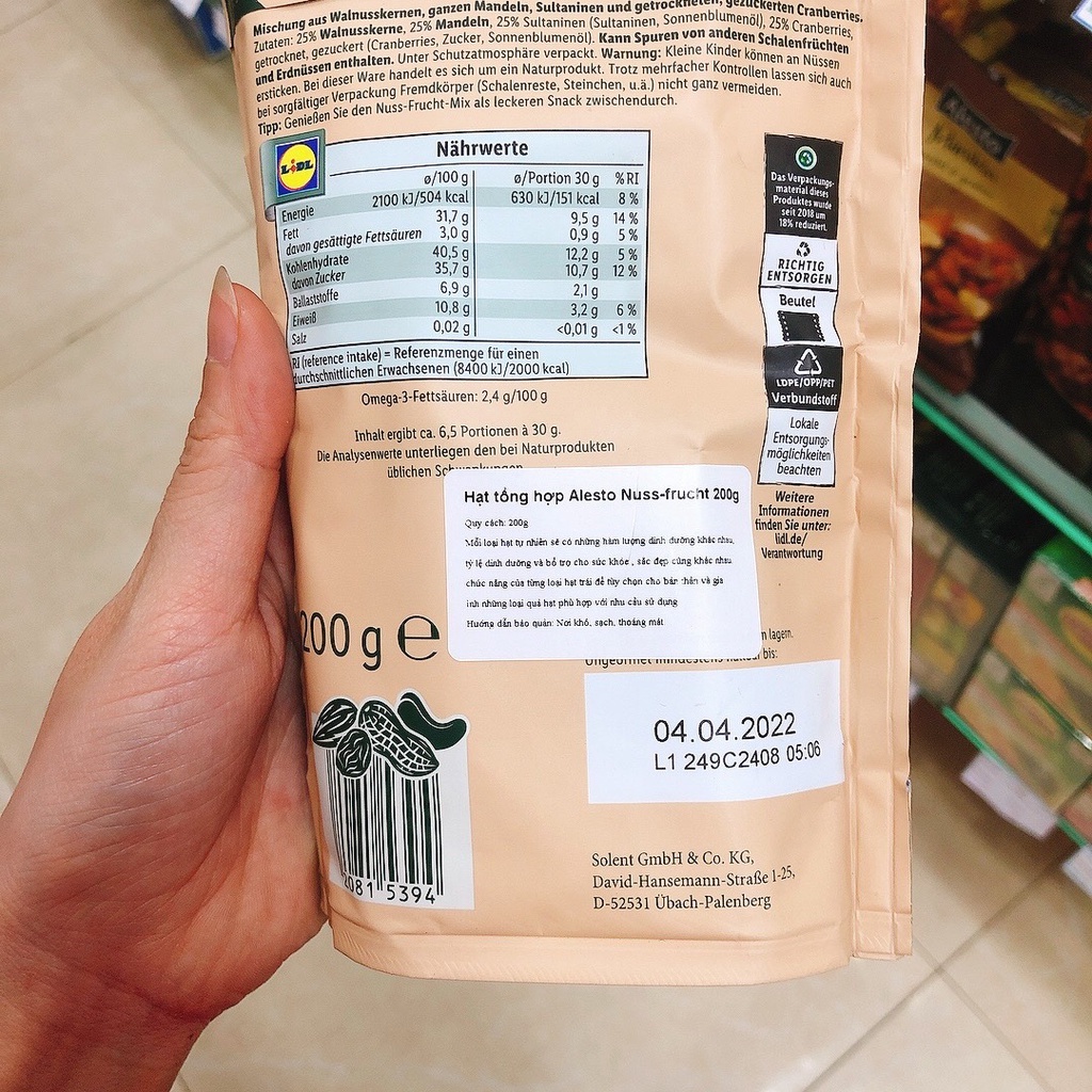 Hạt tổng hợp sấy khô Alesto Đức 200g - Nho, hạt óc chó, hạnh nhân.