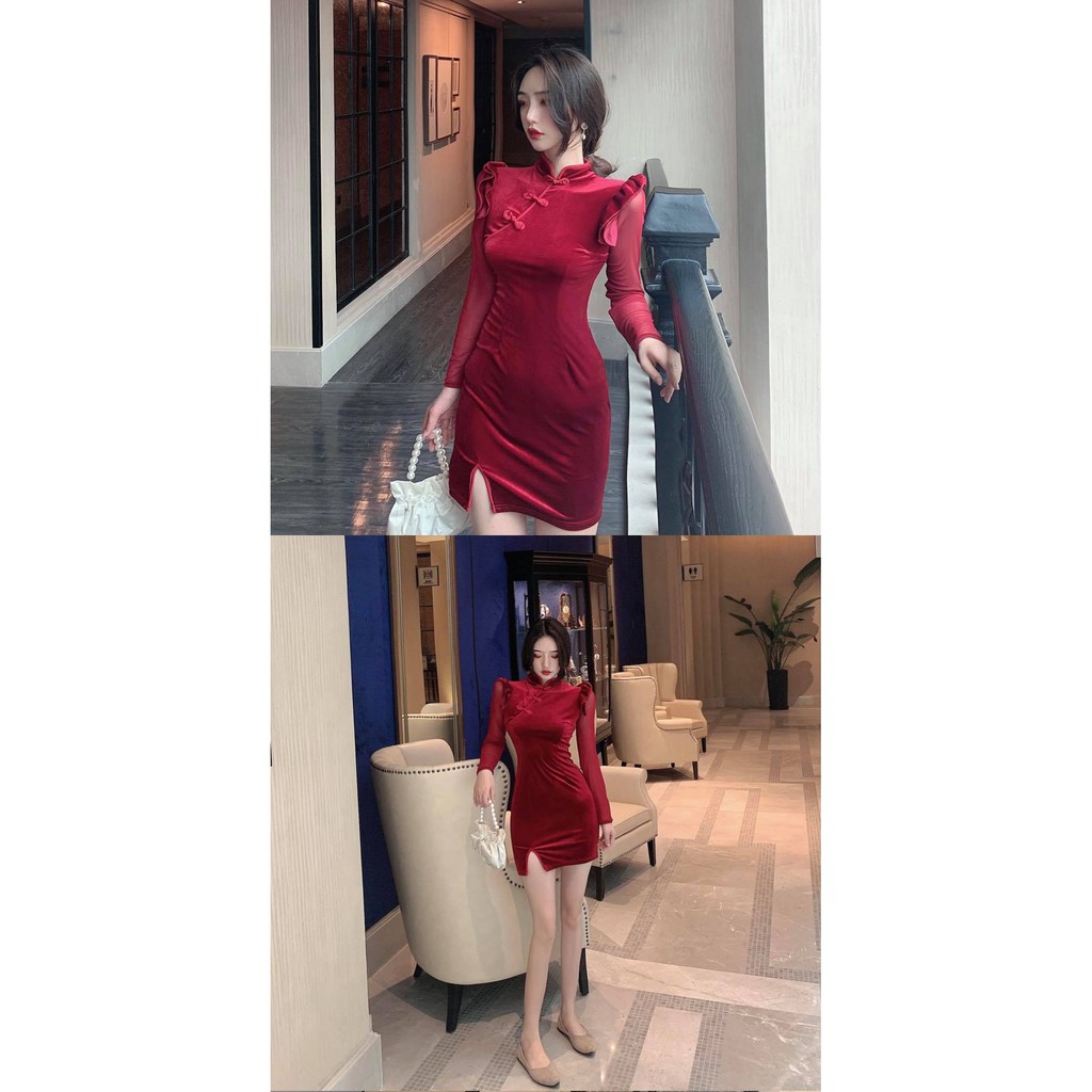 Đầm nhung đỏ cổ tàu nút xéo tay voan dài