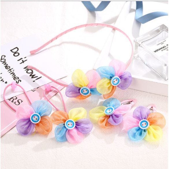 Bộ quà tặng băng đô kẹp tóc buộc tóc hoa sắc màu và nơ dưa hấu bé gái