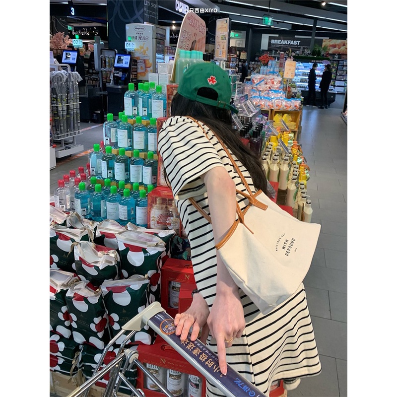 Đầm polo XIAOZHAINV ngắn tay kẻ sọc phong cách Hàn Quốc thời trang hè cho nữ