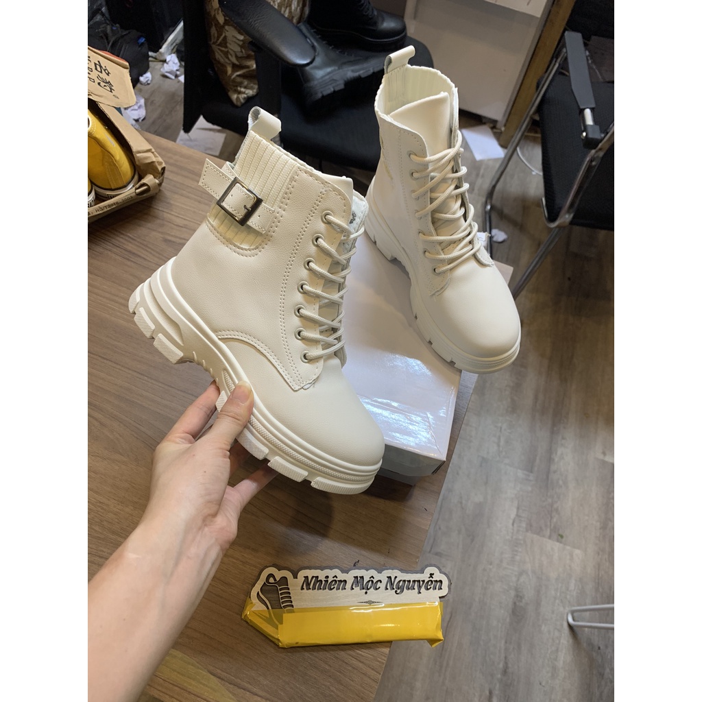 Boot nữ, bốt cao cổ da lì có đai cạnh độn đế ôm chân cực tôn dáng