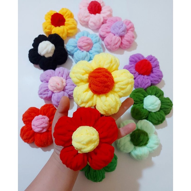 Hoa len bông 10cm, pin cài áo túi, móc khóa